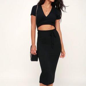 Black Ribbed Cutout Midi Wrap Dress